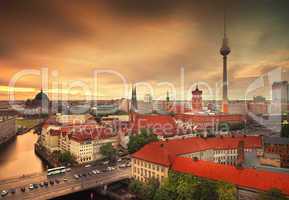 Berlin Skyline City Panorama with Sunset - famous landmark in Berlin, Germany, Europe