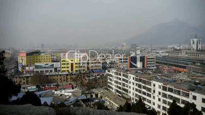 bird's eye view of railway station of Tai'an city in China.Taishan Mountain.