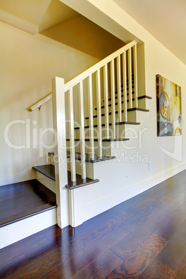 Staircase with dark floor and beige walls.