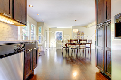 Dining room and kitchen in bright modern home.