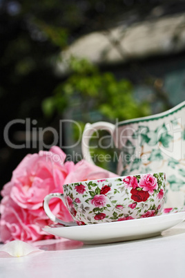 Pink roses and an elegant teacup in the garden