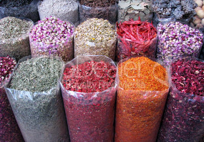 Various of Indian colorful powder spices on the market