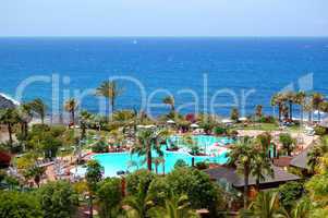 Beach and swimming pool at the luxury hotel, Tenerife island, Sp