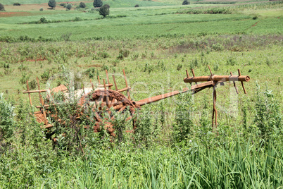 Dirty wooden cart on the green field