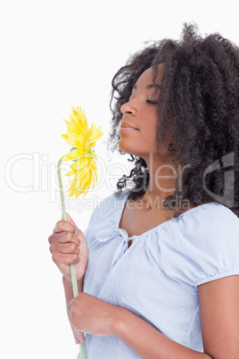 Young curly woman smelling a beautiful flower