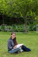 Smiling teenage girl doing her homework while sitting down in a