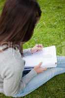 Overhead view of a young student doing her homework in a park
