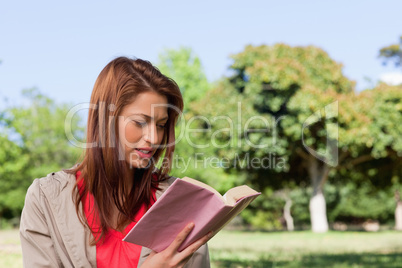 Woman reading a book in a sunny grassland area