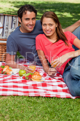 Two friends holding glasses while looking ahead during a picnic