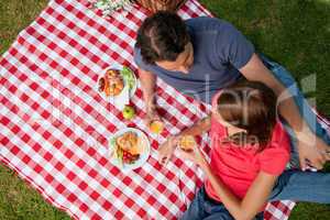 Elevated view of two friends lying on a blanket with a picnic