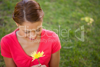 Woman looking downwards at a yellow flower