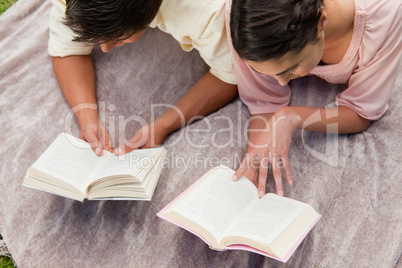 Elevated view of two friends reading while on a blanket