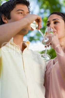 Two friends drinking glasses of champagne