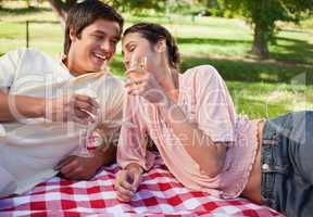 Two friends laughing as they raise their glasses during a picnic