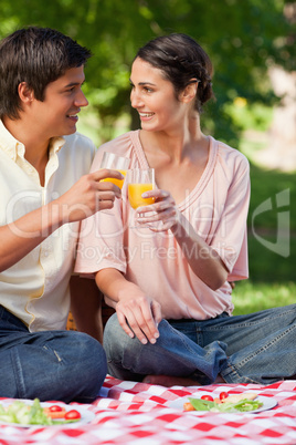 Two friends smiling while touching glasses of juice during a pic