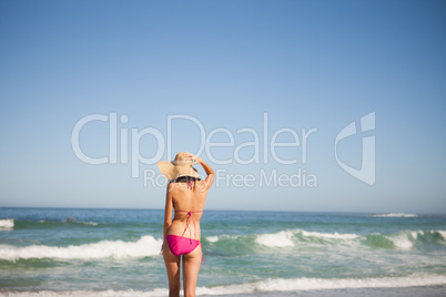 Back view of a young woman in beachwear standing in front of the