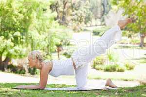 Side view of a woman doing gymnastic exercises on the lawn