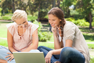 Smiling women in the park with a laptop