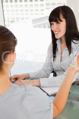 The business woman types on her laptop as the other woman talks