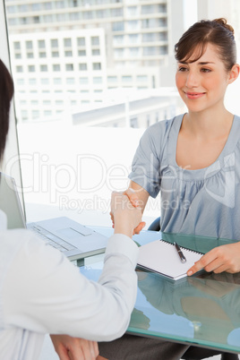 Both employees shake hands as they brunette smiles