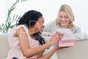 A smiling woman gets a present from her friend