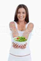 Bowl of salad being held by a young woman