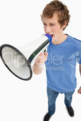 Fisheye view of a male student using a loudspeaker