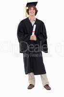 Smiling student in graduate robe