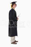 Profile view of a student in graduate robe