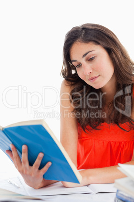 Student reading a blue book