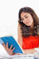 Student reading a blue book