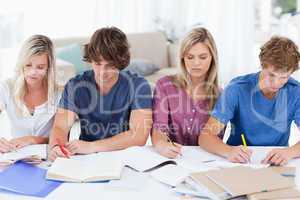 Four students sitting together and studying