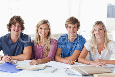 A smiling group of student sitting and looking at the camera