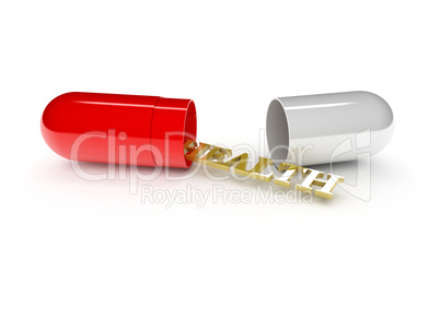 one open pill with the word: health (3d render)