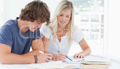 A man and woman working together at doing homework