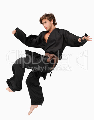 Martial arts fighter performing a jump kick