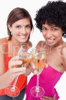 Glasses of white wine being happily clinked by two young females