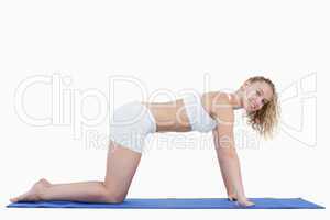 Side view of a young attractive woman doing gymnastics on all fo