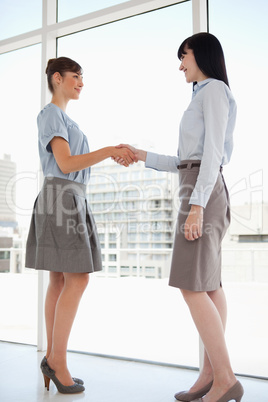 Both women smiling as they shake hands