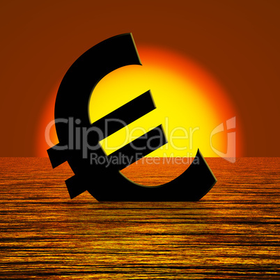 Euro Symbol Sinking And Sunset Showing Depression Recession And