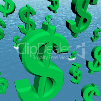 Dollar Symbols Falling In The Ocean Showing Depression Recession