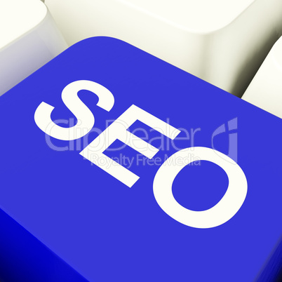 SEO Computer Key In Blue Showing Internet Marketing And Optimiza