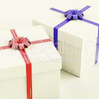 Gift Boxes With Blue And Red Ribbons As Presents For Him And Her