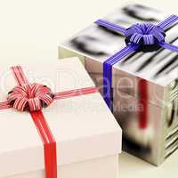 Two Gift Boxes With Blue And Red Ribbons As Presents For Him And