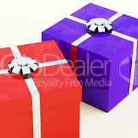 Red And Blue Gift Boxes With Silver Ribbons As Presents For Him