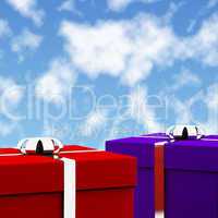 Red And Blue Gift Bgoxes With Sky Background As Presents For Him