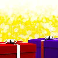 Red And Blue Gift Boxes With Yellow Bokeh Background As Presents