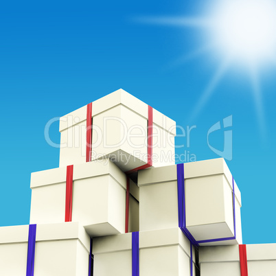 Stack Of Giftboxes With Sun And Sky Background As Presents For T