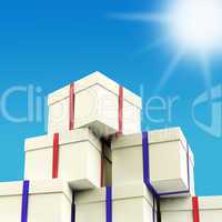 Stack Of Giftboxes With Sun And Sky Background As Presents For T