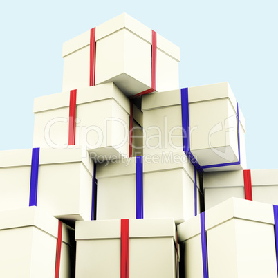 Stack Of Giftboxes With Sky Background As Presents For The Famil